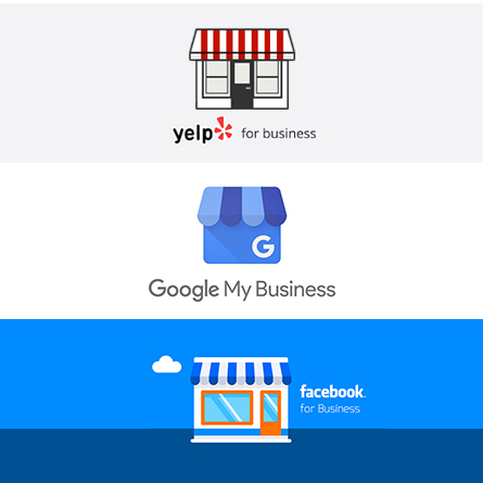 Yelp logo, Google My Business logo, Facebook For Business logo on a small storefront building