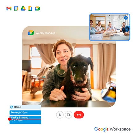 Schermata di Google Calendar e Meet di una riunione virtuale con una donna e un cane.
