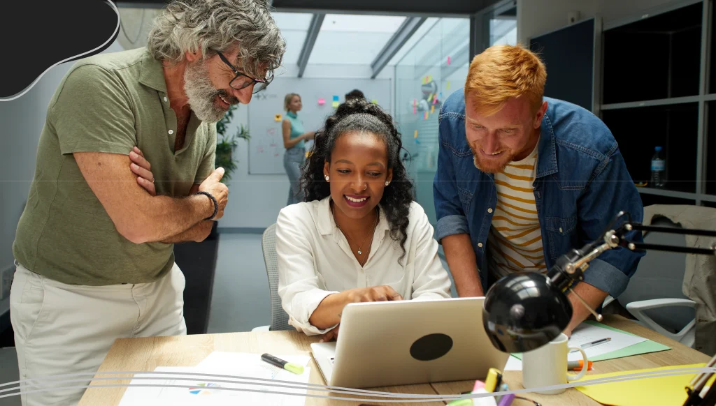In the Modern Office: Diverse Group of Colleagues Have Meeting
