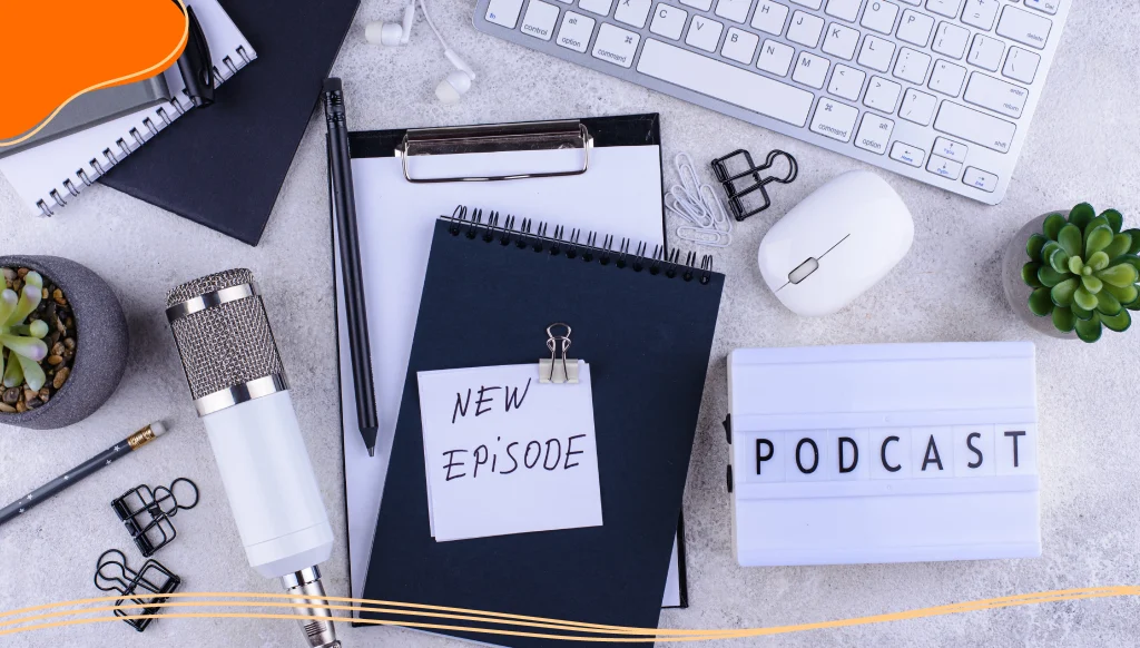 Podcast new episode concept with microphone