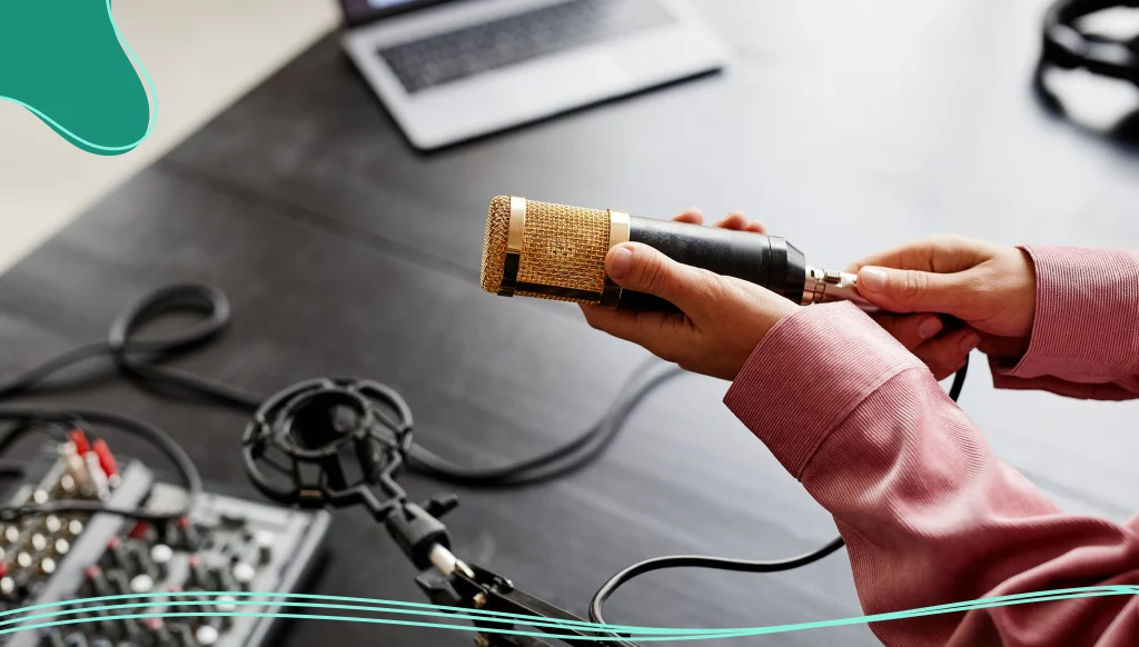 Woman plugging in a microphone