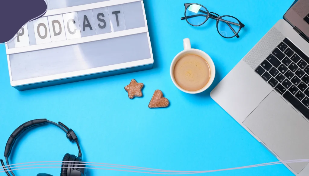 Music or podcast background with headphones, microphone, coffee and laptop