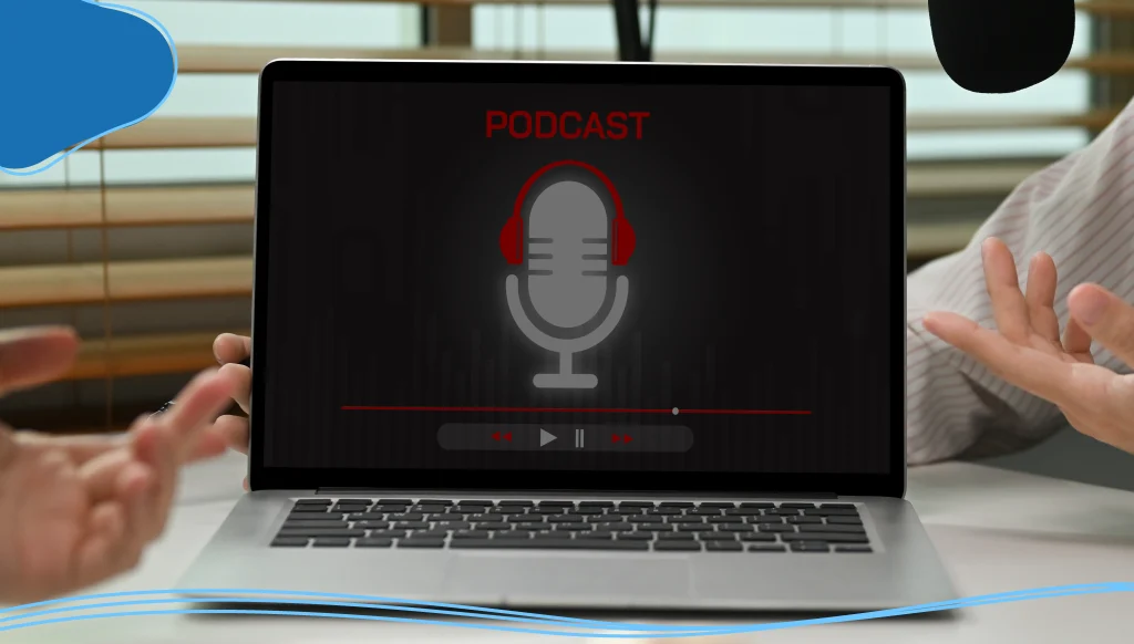 Image of radio host using microphone and laptop to recording podcast in home studio