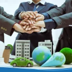 Three businessmen meet table to discuss corporate social responsibility