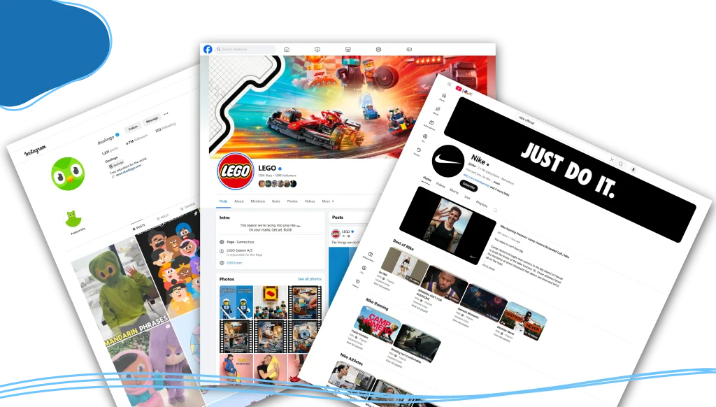 Duolingo, Nike, and LEGO social media channels 