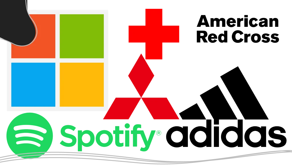 The Microsoft, Red Cross, Adidas, Spotify, and Mitsubishi logos